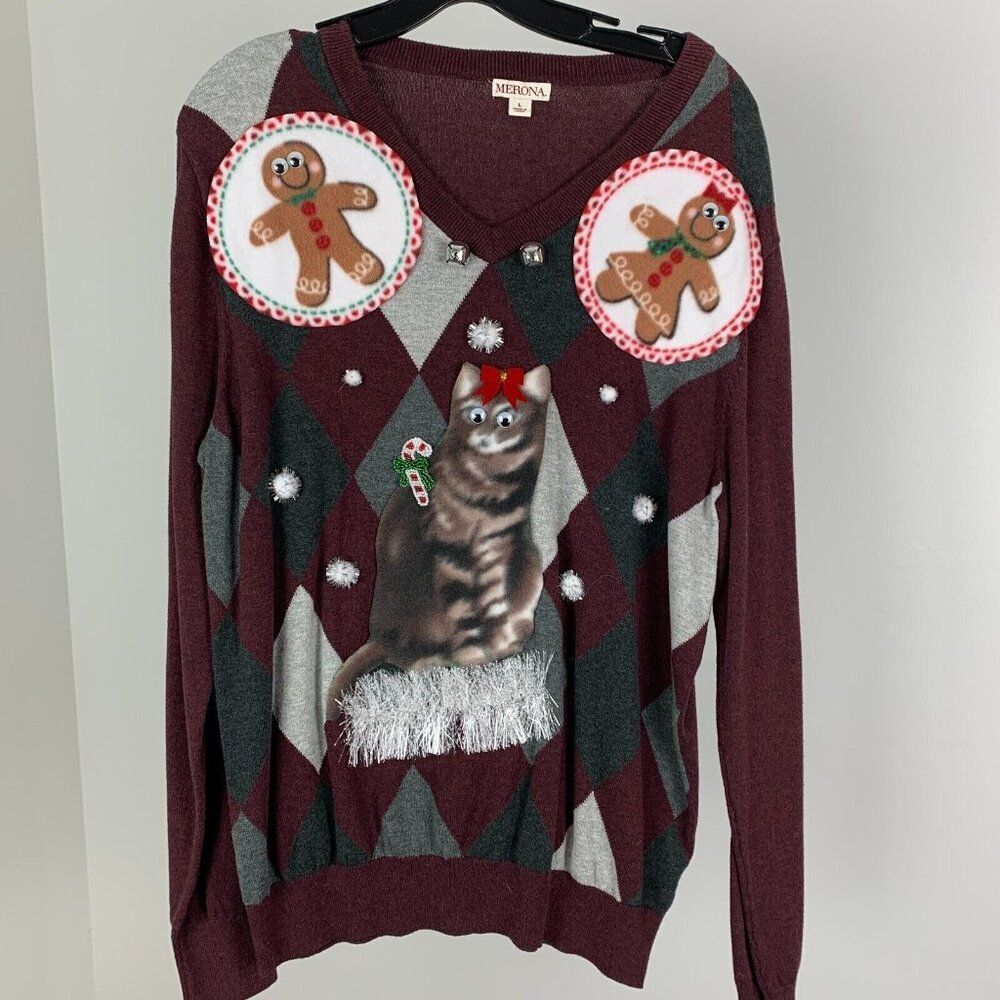Ugly Christmas Sweater Womens sz Large Gingerbread Men and Kitty Googly Eyes